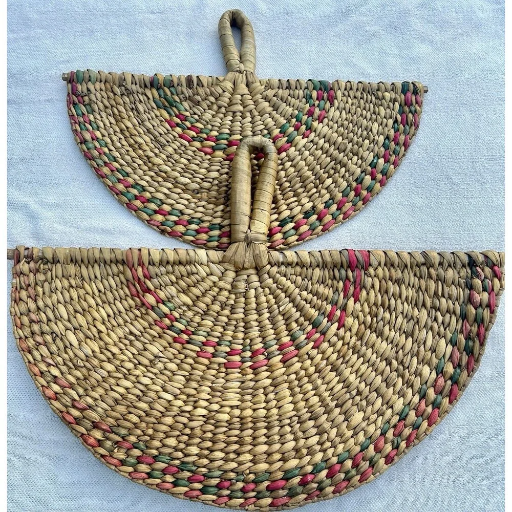 Vintage Handwoven Wicker Wall Fan Set Boho Coastal Seagrass Rattan Decor Pair